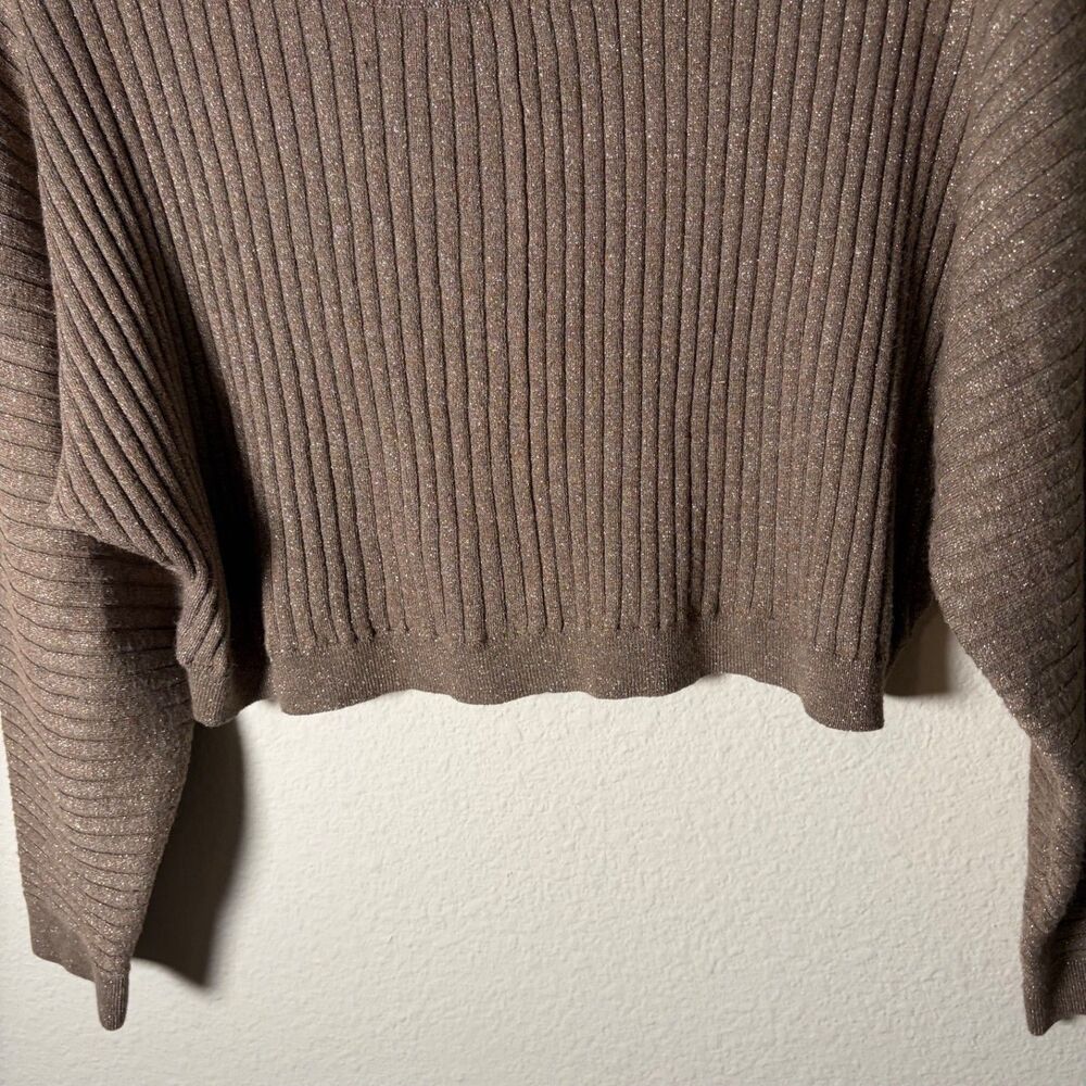 Bcbg Maxarzia Sweater Women's Small Brown Metallic Cropped Ribbed 3/4 Sleeve - Picture 4 of 7